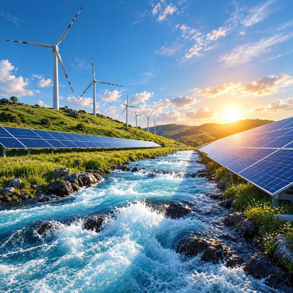 Fiktive Landschaft mit einem Fluss, Photovoltaikfeldern an beiden Ufern und Windenergieanlagen auf grünen Hügeln.