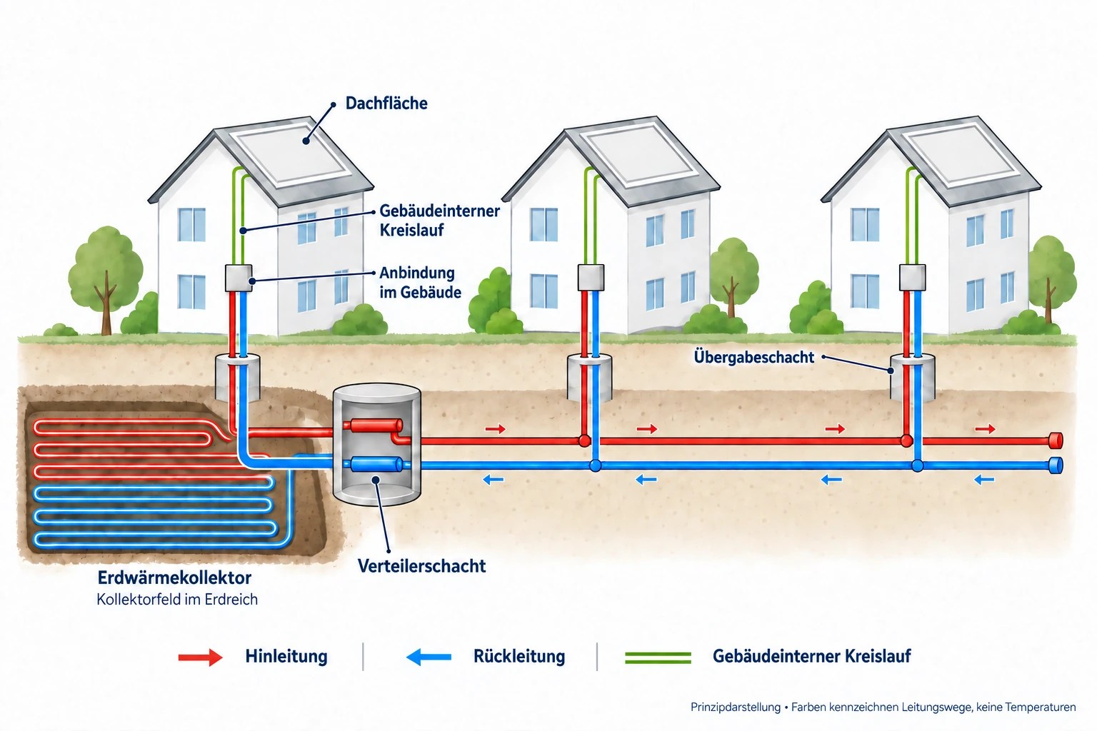 Schema eines Erdwärmekollektorfelds mit Verteilerschacht, Hin- und Rückleitung und drei Gebäuden mit Übergabeschächten.