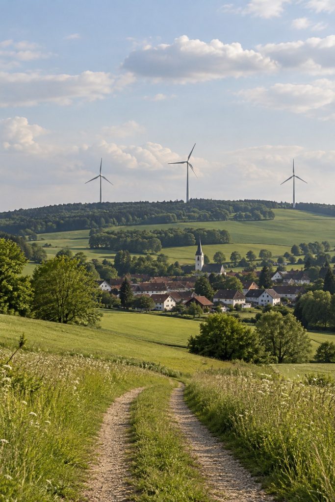 KI-generiertes Symbolbild: Dorf mit Windrädern in grüner Hügellandschaft.