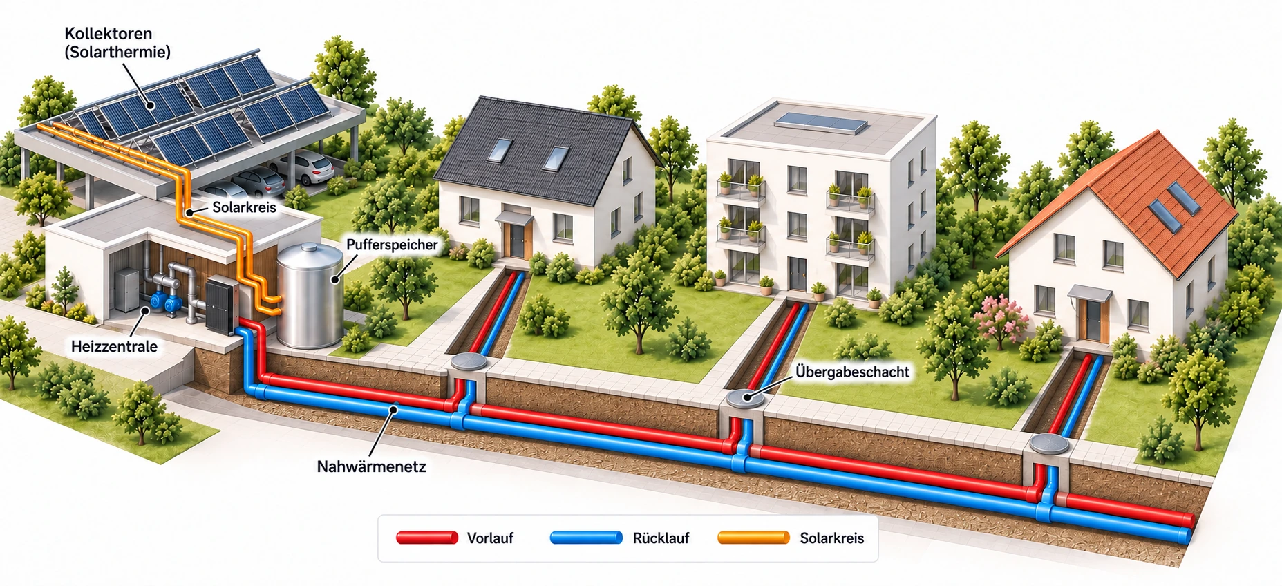 Schema eines Nahwärmenetzes mit Solarthermie-Kollektoren, Pufferspeicher und Heizzentrale. Unterirdische Leitungen verbinden drei Häuser; die Übergabeschächte sind bündig mit dem Gelände.