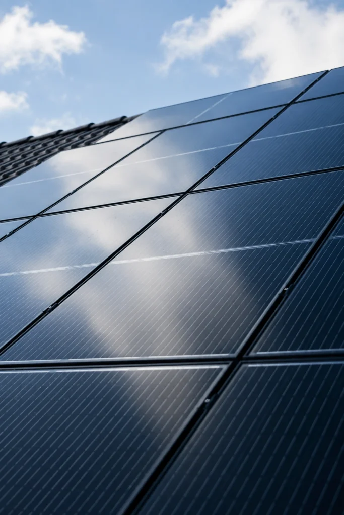 Nahaufnahme dunkelblauer Photovoltaikmodule auf einem geneigten Hausdach vor blauem Himmel.