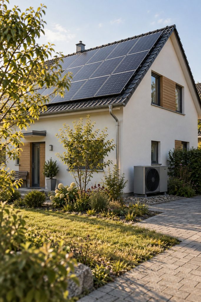 KI-generiertes Symbolbild: Wohnhaus mit Solardach und Wärmepumpe.