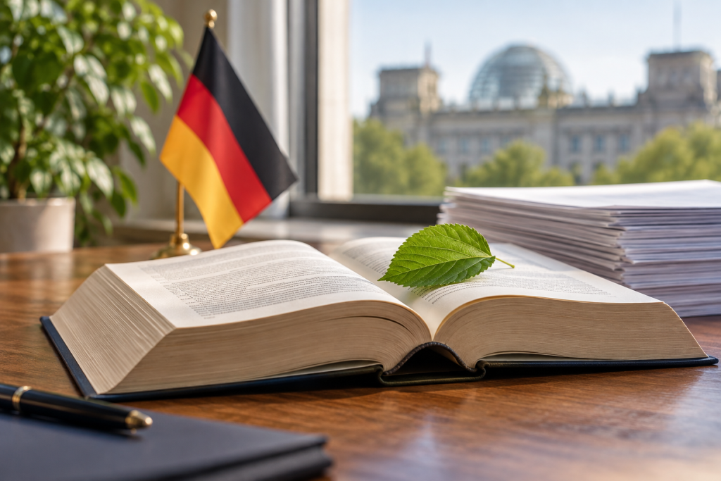 Aufgeschlagenes Gesetzbuch mit grünem Blatt und deutscher Flagge – KI-Symbolbild