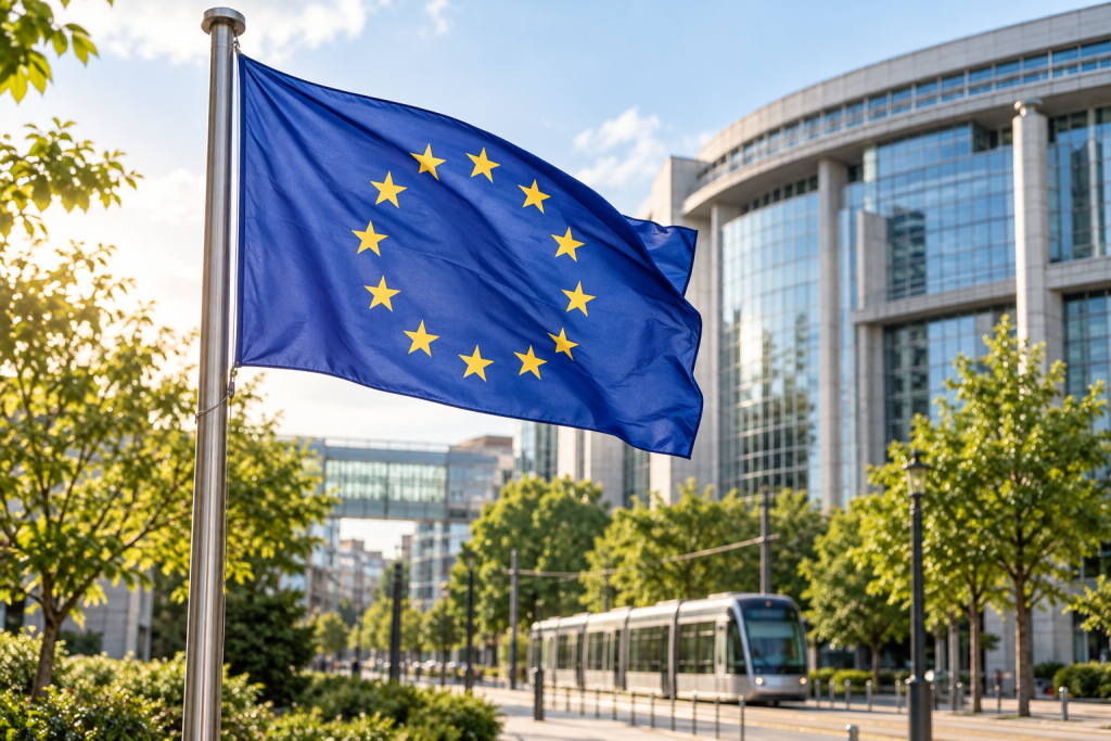 EU-Flagge vor modernen Gebäuden und einer Straßenbahn – KI-Symbolbild