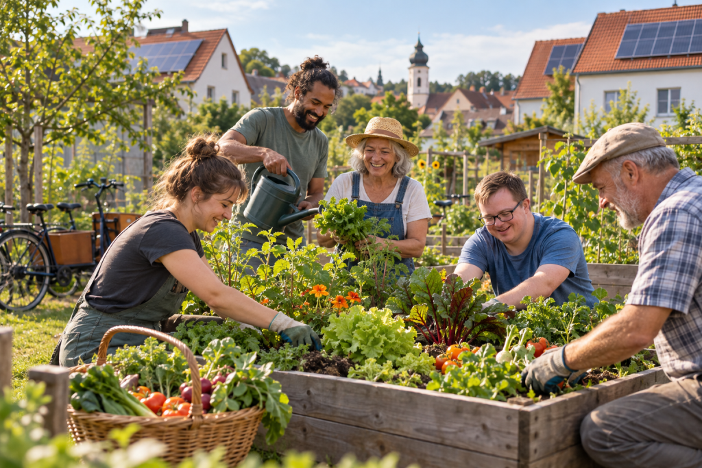 Menschen arbeiten gemeinsam in einem Garten vor Häusern mit Solaranlagen – KI-Symbolbild