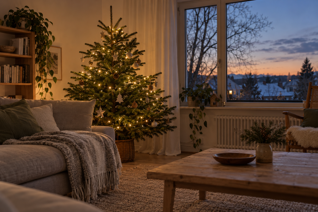 Wohnzimmer mit sparsam beleuchtetem Weihnachtsbaum – KI-Symbolbild