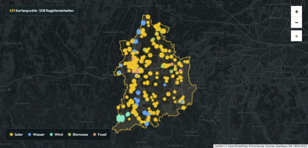 LENA-Energiekarte des Landkreises Landsberg am Lech mit farbigen Standorten für Solarstrom, Wasserkraft, Wind, Biomasse und fossile Stromerzeugung