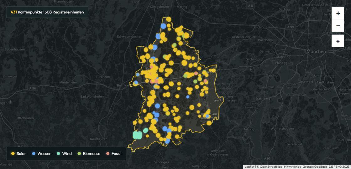 Stromerzeugungsanlagen im Landkreis Landsberg auf der LENA-Energiekarte