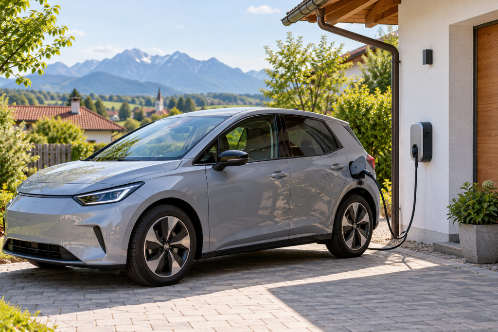 Elektroauto an einer Wallbox vor einem Wohnhaus – KI-Symbolbild