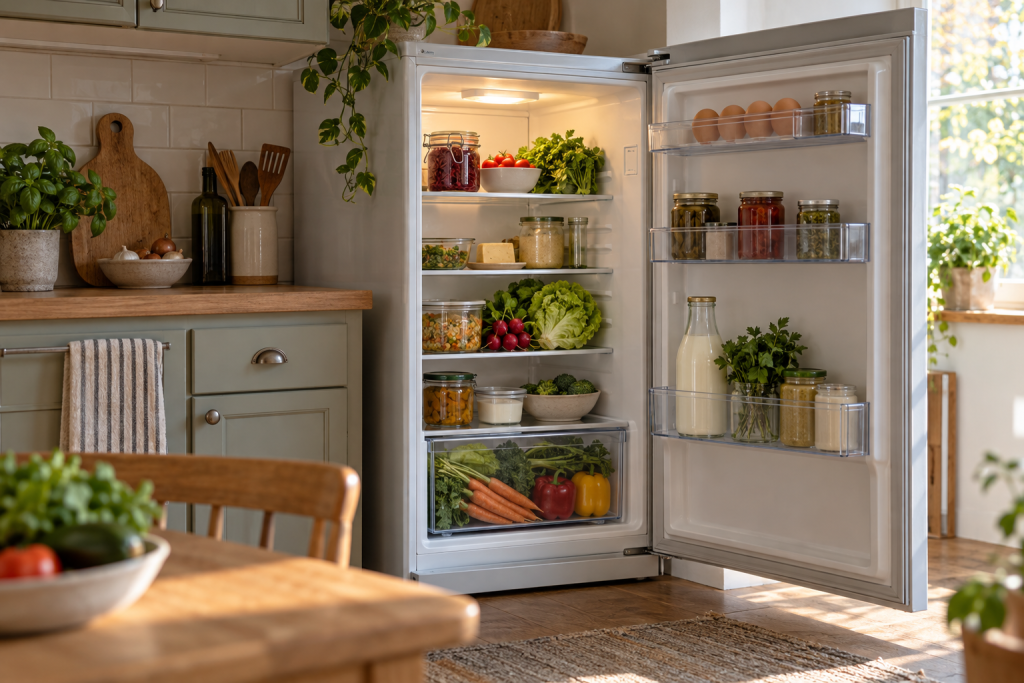 Geöffneter Kühlschrank in einer Küche