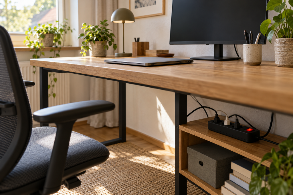 Arbeitsplatz mit ausgeschaltetem Bildschirm und schaltbarer Steckdosenleiste