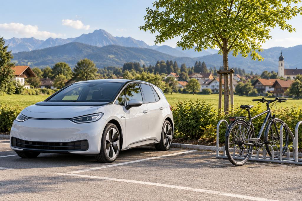 Kompaktes Auto und Fahrrad auf einem Parkplatz – KI-Symbolbild