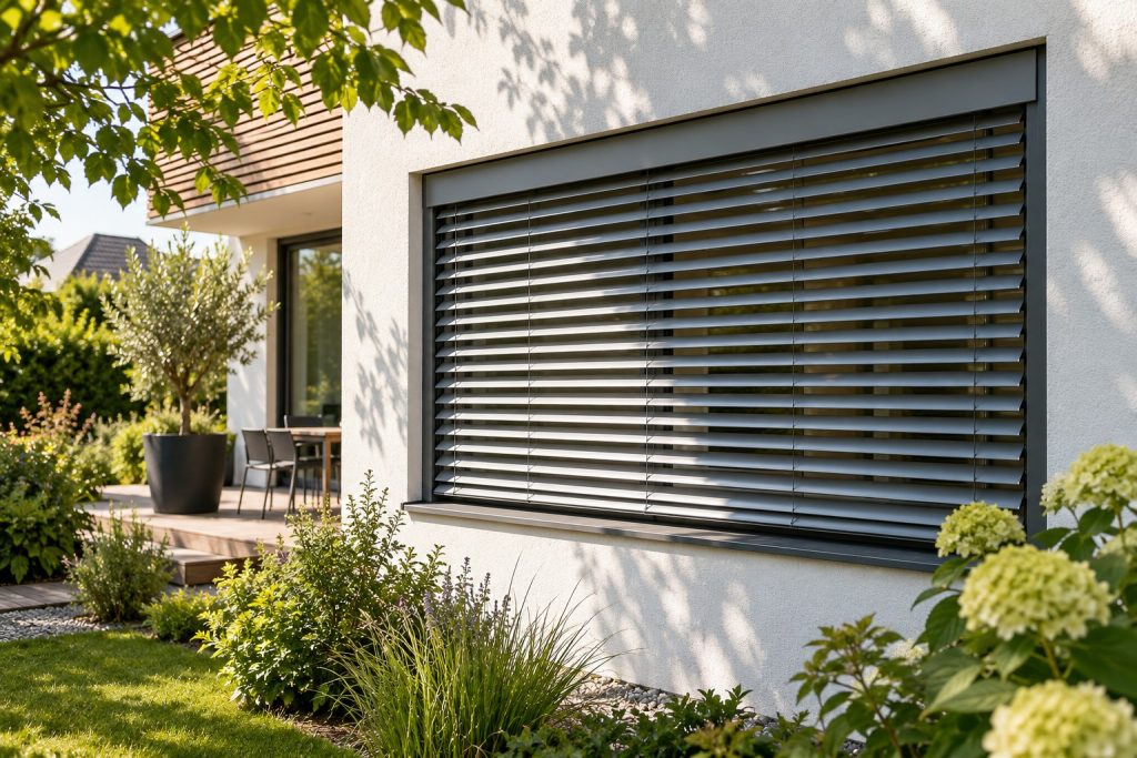 Außenliegende Jalousien beschatten ein Fenster am Wohnhaus – KI-Symbolbild