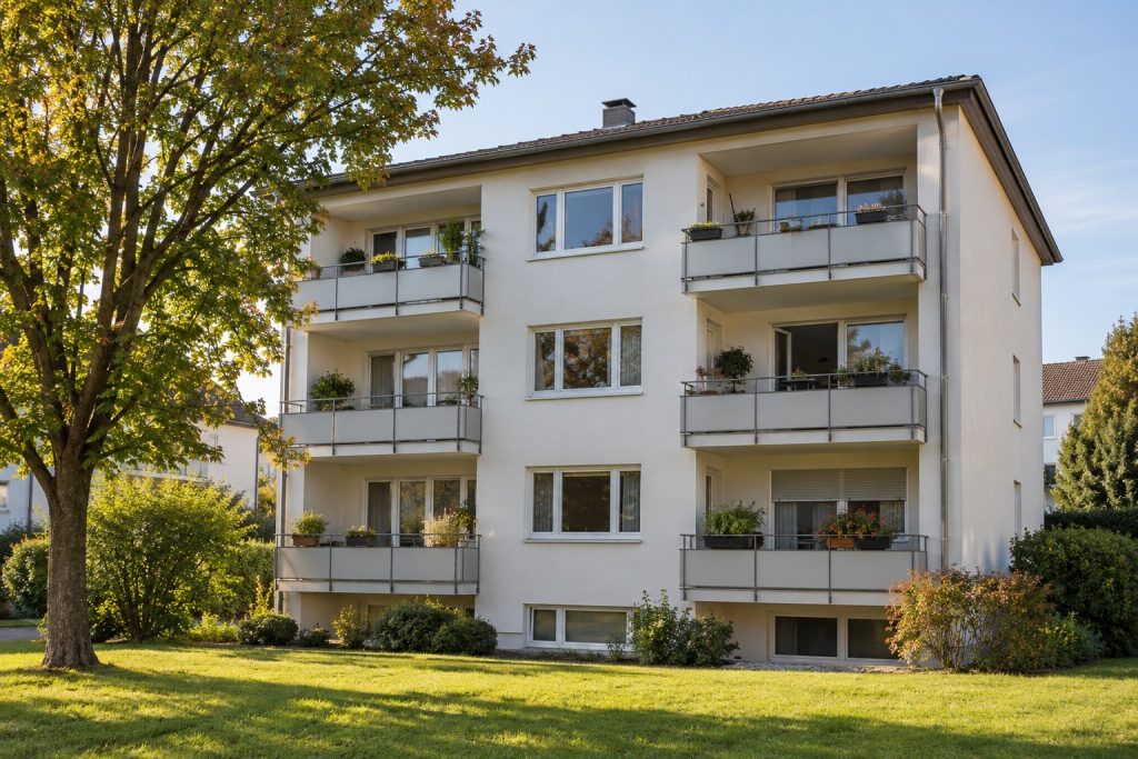 Mehrfamilienhaus mit Balkonen und Garten – KI-Symbolbild, kein reales Projekt