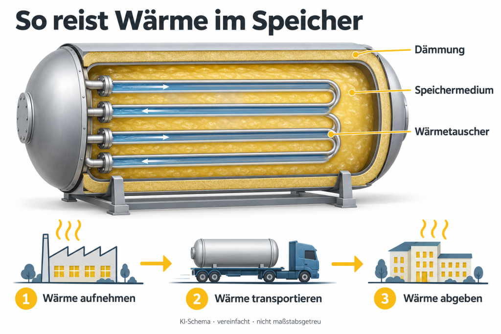 Vereinfachter Schnitt eines gedämmten Wärmespeichers: Wärmetauscherrohre im Speichermedium. Darunter Aufnahme, Transport und Abgabe der Wärme.